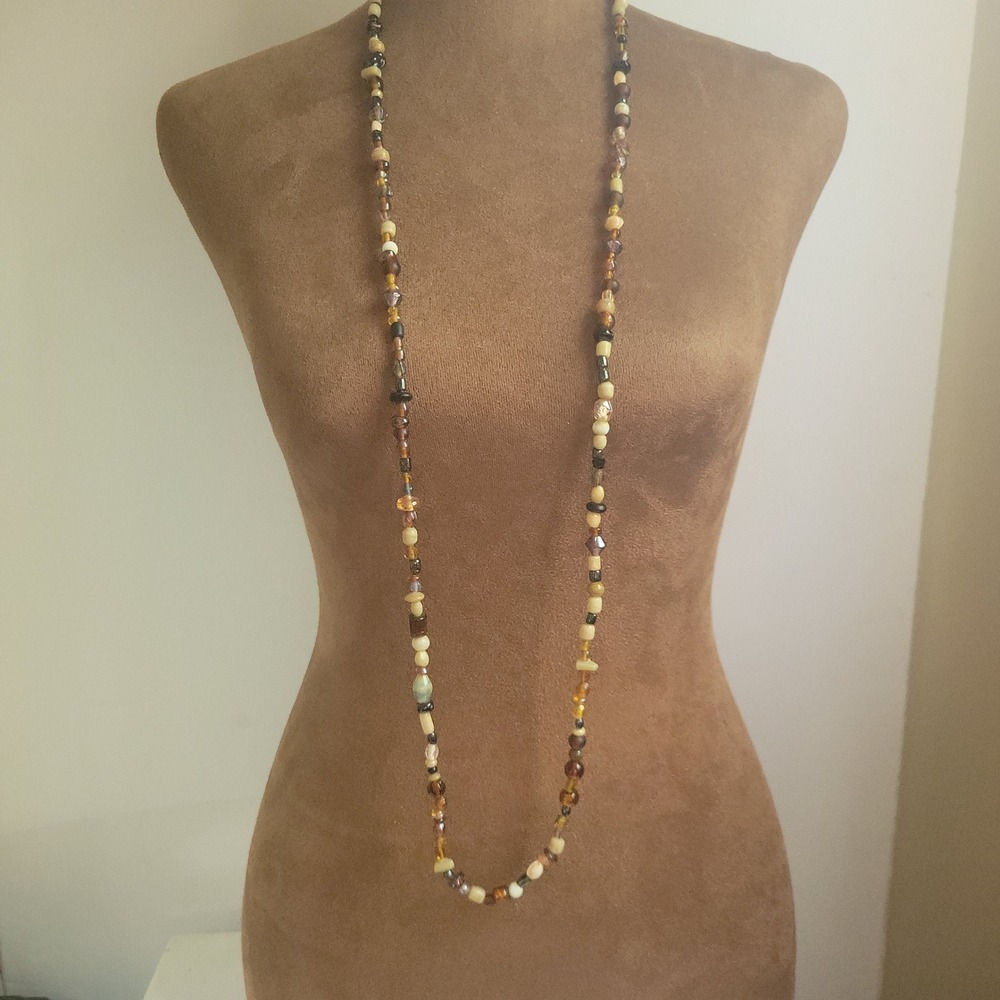 Long Mixed Glass Beaded Necklace Brown Cream 42 Inch Cottagecore